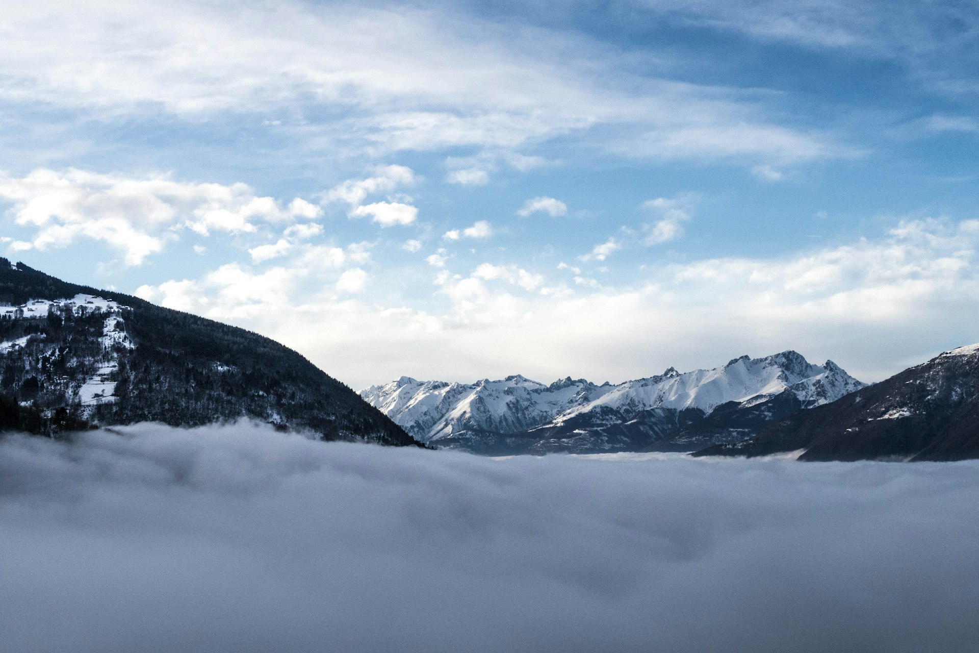 snowy mountain and fogs